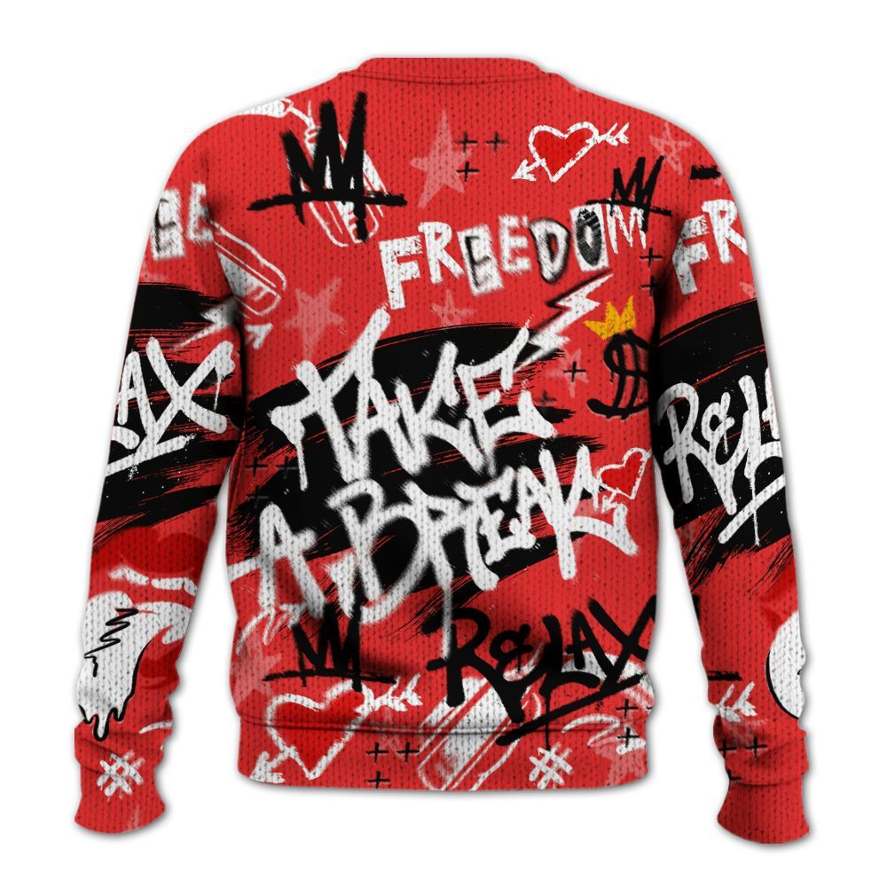 Knitted Sweater To Match Red Thunder 4s - Take Break Freedom Graffiti Streetwear