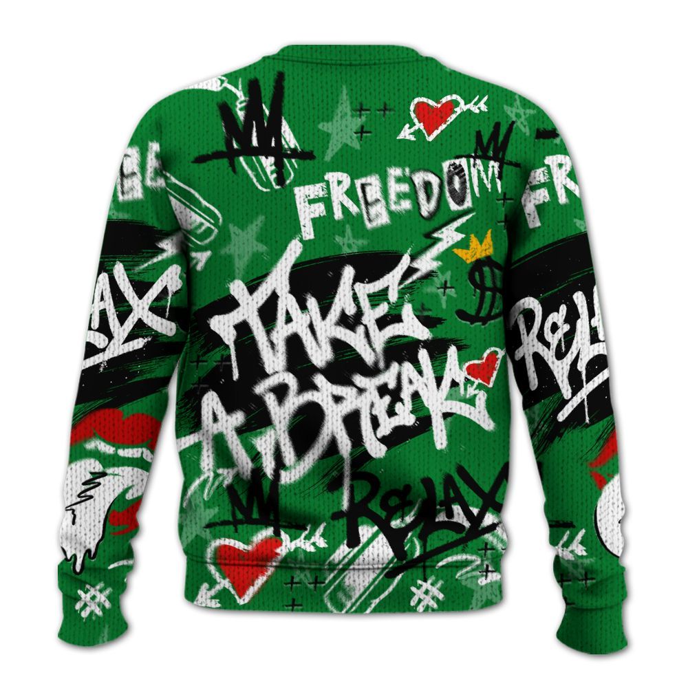Knitted Sweater To Match Lucky Green 1s - Take Break Freedom Graffiti Streetwear