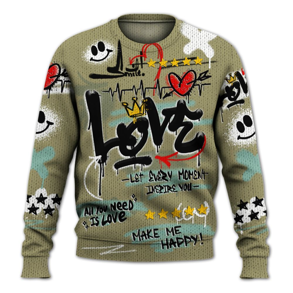 Knitted Sweater To Match Dunk Low Suede Olive Aura - Happy Love Beats Graffiti Streetwear