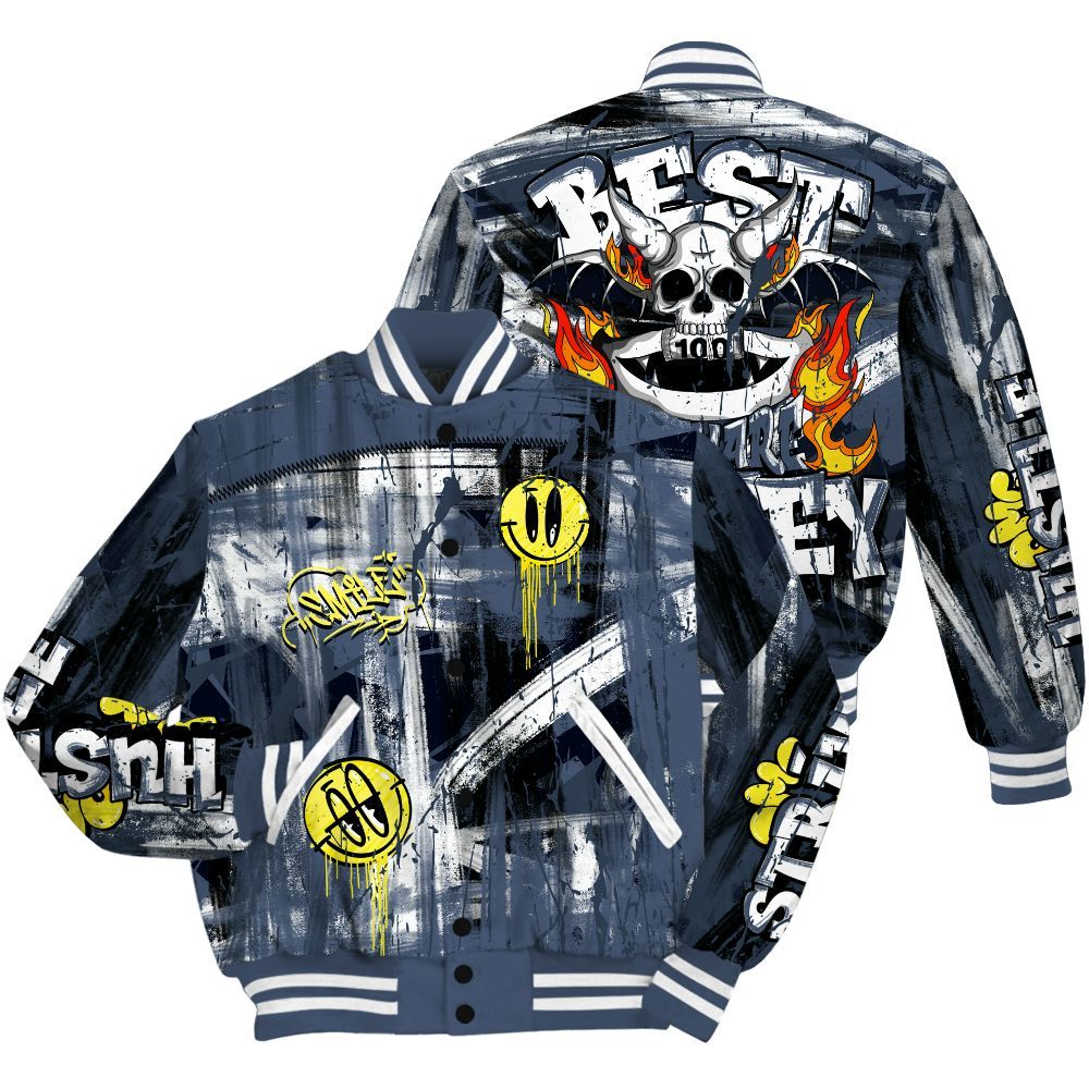 Varsity Jacket To Match Low Diffused Blue 11s - Money Skull Smile Fire All Over Print