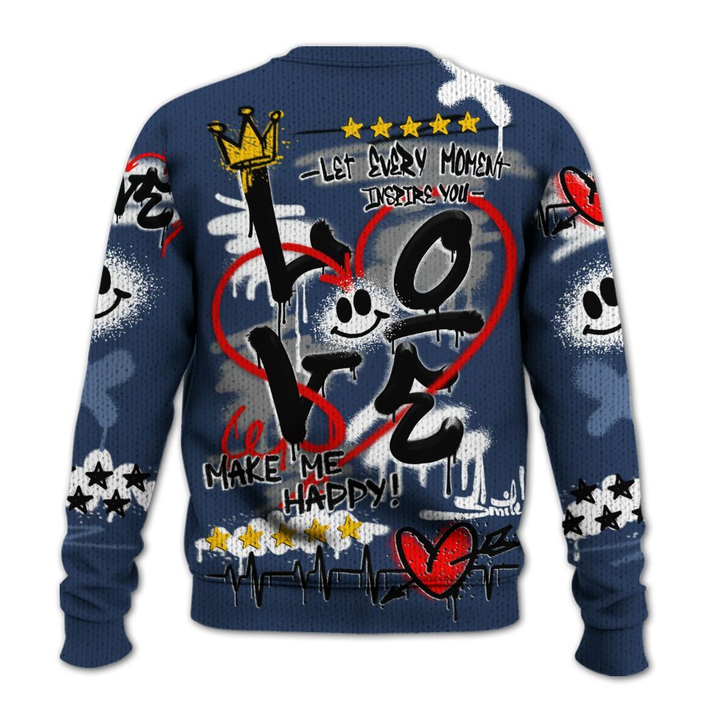 Knitted Sweater To Match Low 85 Metallic Blue 1s - Happy Love Beats Graffiti Streetwear