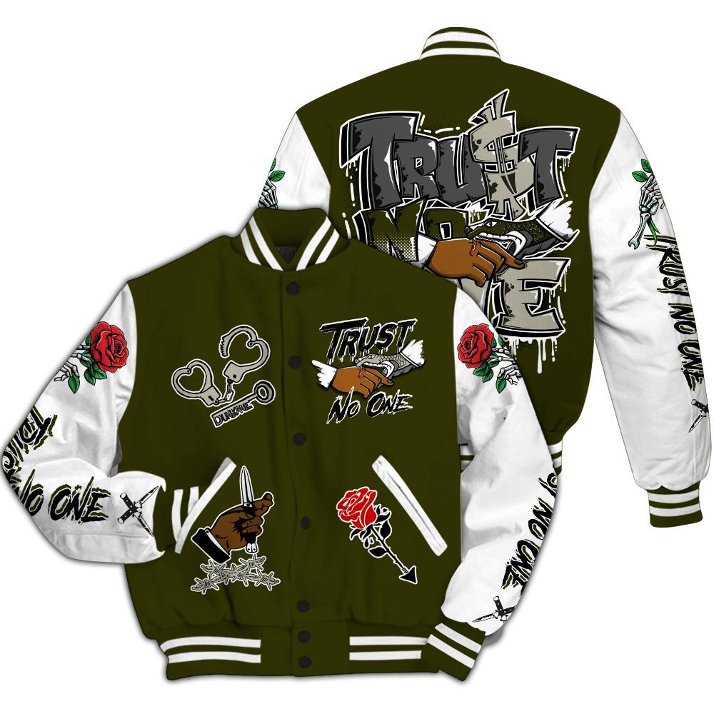 Varsity Jacket To Match Dunk Low Pale Ivory Cargo Khaki - Trust No One Dripping All Over Print