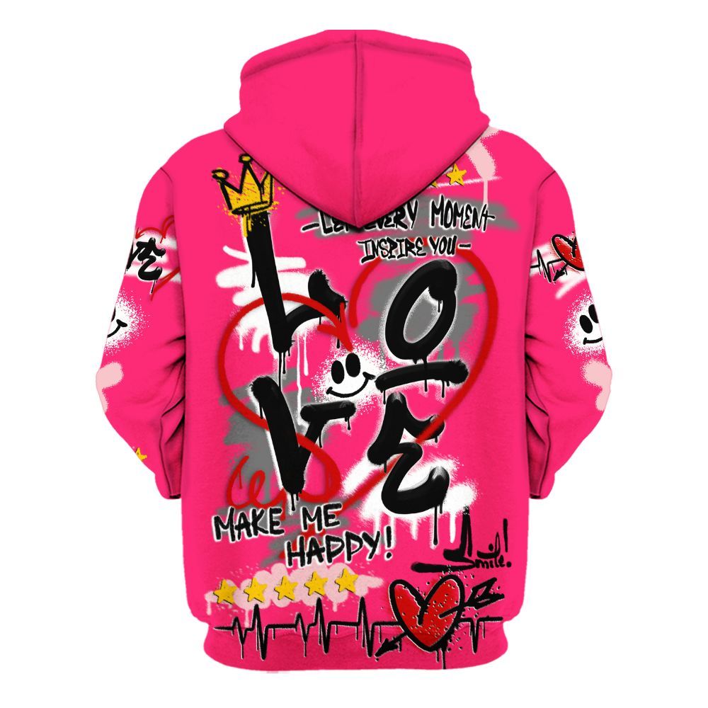 Hoodie To Match A'One Hyper Pink Shirt, Happy Love Beats Graffiti Streetwear All Over Print