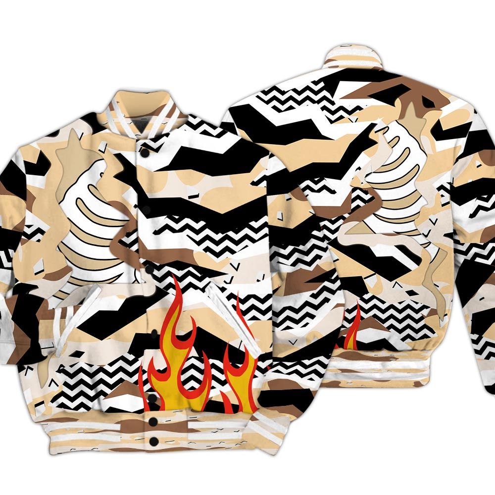 Varsity Jacket To Match Desert Camo 3s - Retro Geometric Camouflage Flame Baseball Varsity Jacket Outfit