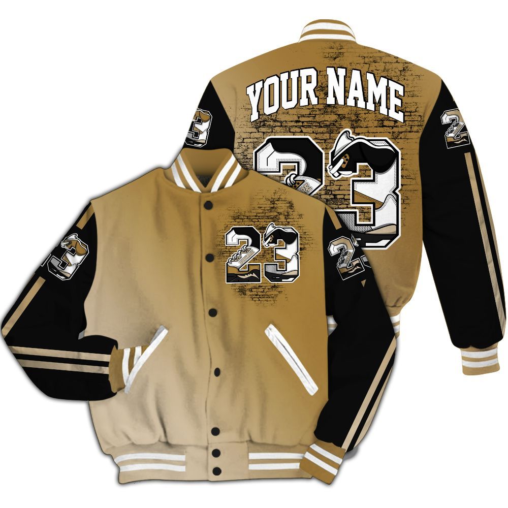 Varsity Jacket To Match Max 96 Low Black White Gold - Custom Name Number 23 5s All Over Print