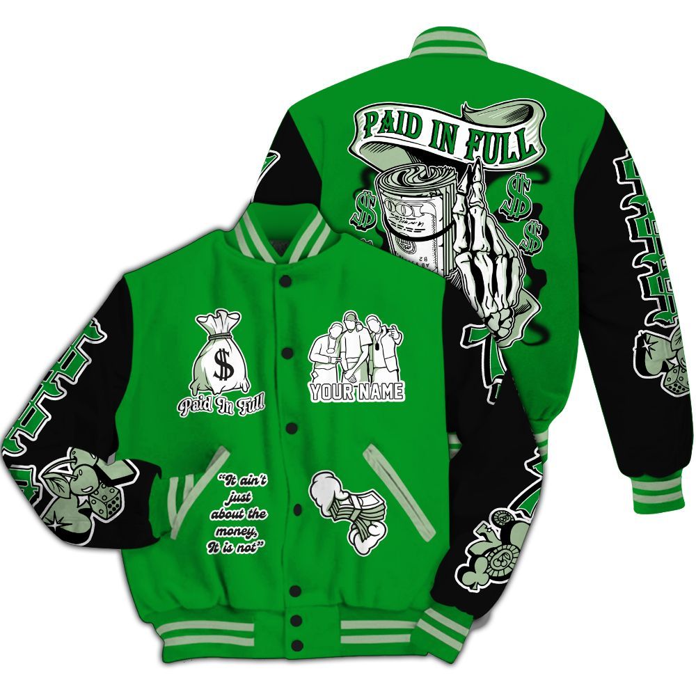 Varsity Jacket To Match Green Spark CJ1 T-Rex - Paid In Full Baseball Varsity Jacket Custom Name All Over Print