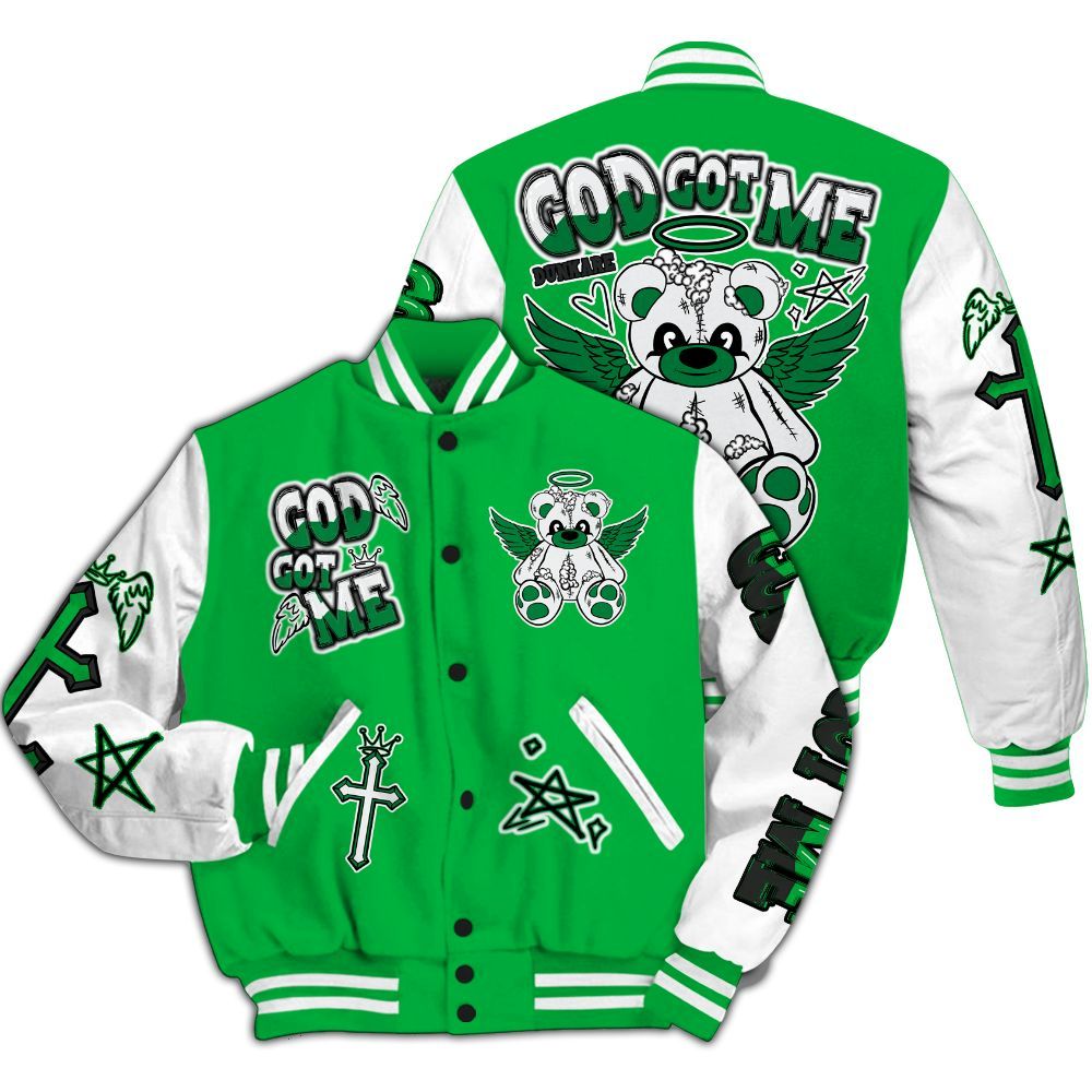 Varsity Jacket To Match Lucky Green 5s - Gods Guides Me Bear All Over Print