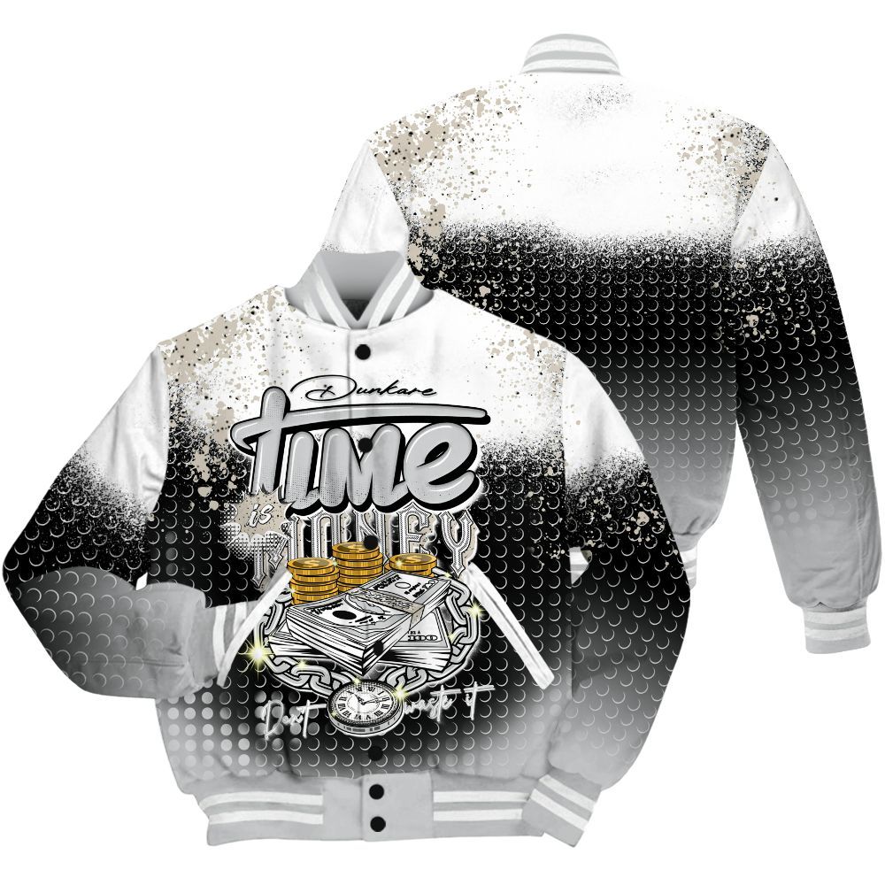 Varsity Jacket To Match Metallic Silver 2024 5s Shirt, Halftone Time Is Money All Over Print