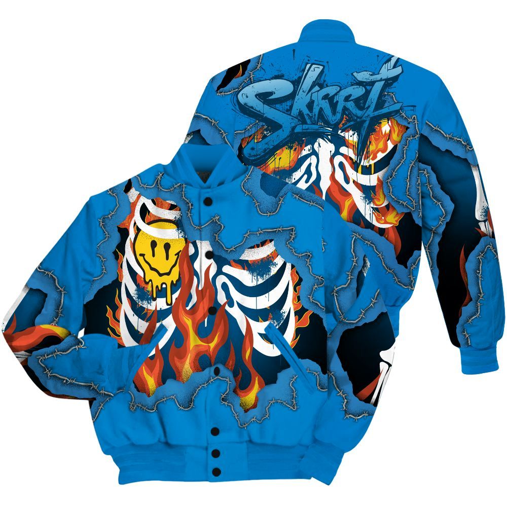 Varsity Jacket To Match Industrial Blue 4s Shirt, Skeleton On Fire Skrrt Military Blue 4s All Over Print