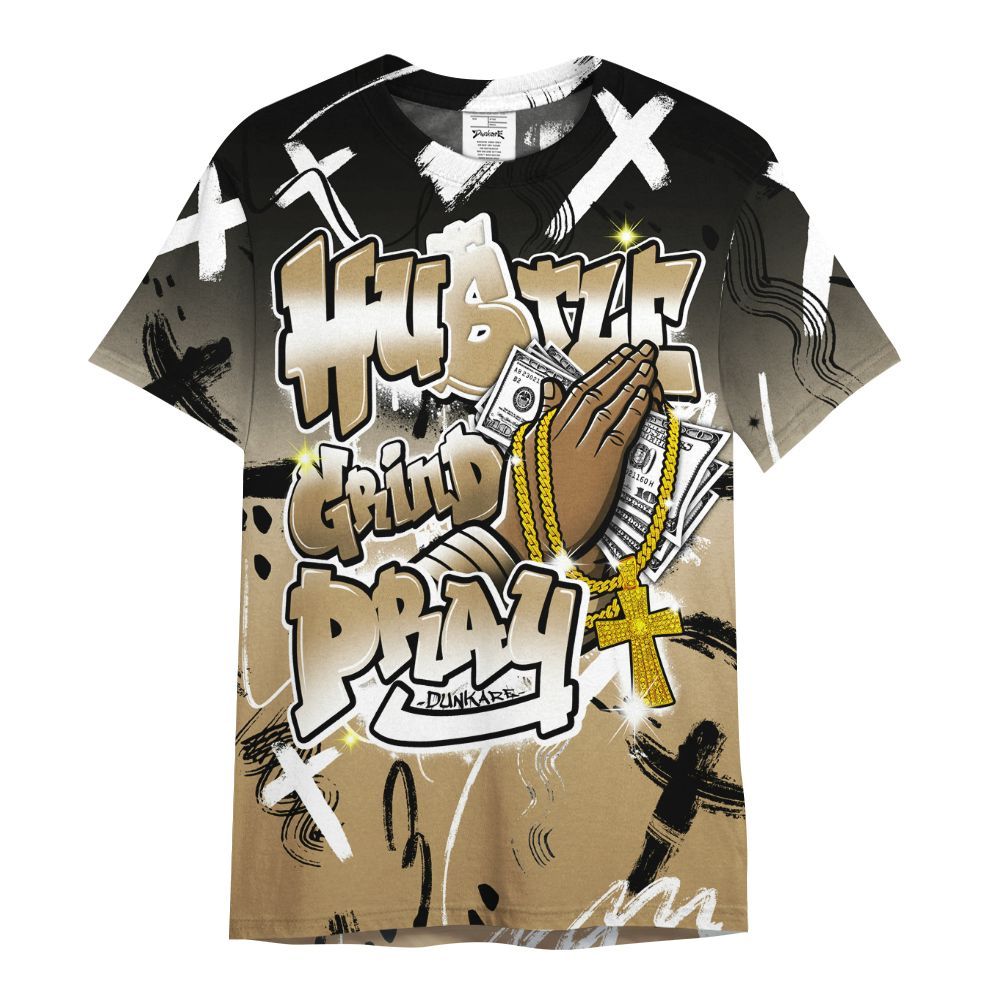 Shirt To Match High OG Black Metallic Gold 1s - Money Hustle Grind Pray All Over Print