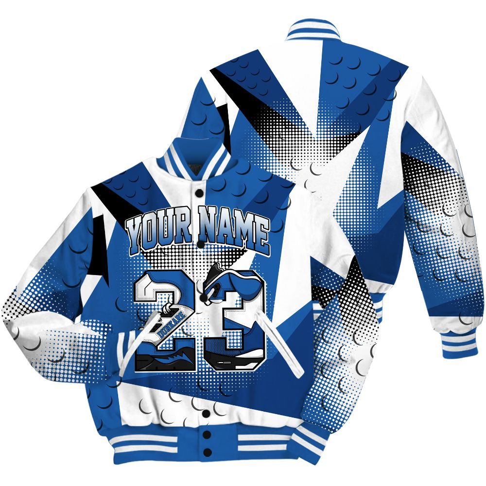 Varsity Jacket To Match Brave Blue 13s Shirt, Poly Custom Name Number 23 5s All Over Print