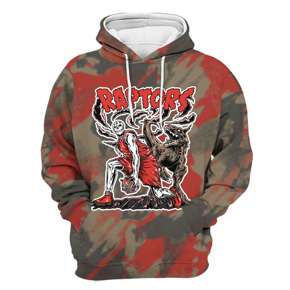 Hoodie To Match Olive 9s - Raptors Skeleton Abstract Halftone All Over Print