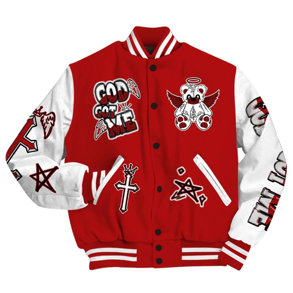 Varsity Jacket To Match Red Taxi 12s - Gods Guides Me Bear All Over Print