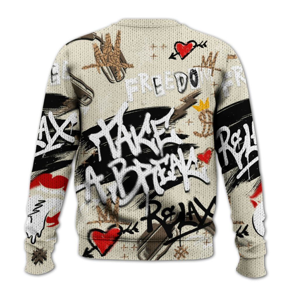 Knitted Sweater To Match Orewood Brown 3s - Take Break Freedom Graffiti Streetwear