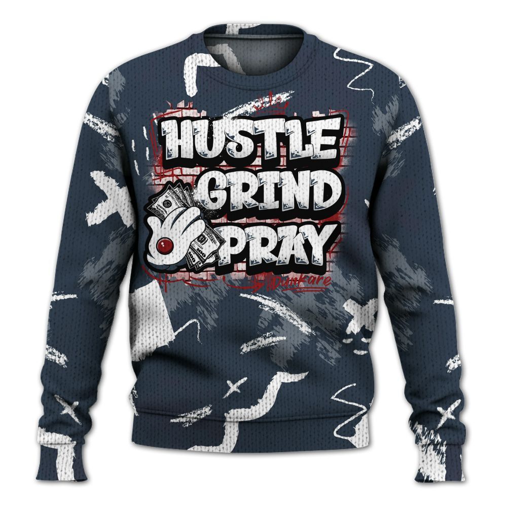 Knitted Sweater To Match Navy Blue 2024 6s - Hustle Grind Pray Retro