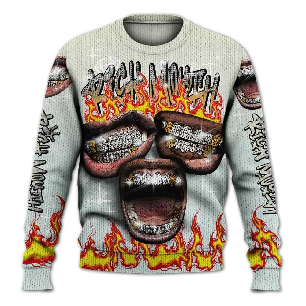 Knitted Sweater To Match Pure Platinum 4s - Rich Mouth Fire Rap Retro 90s