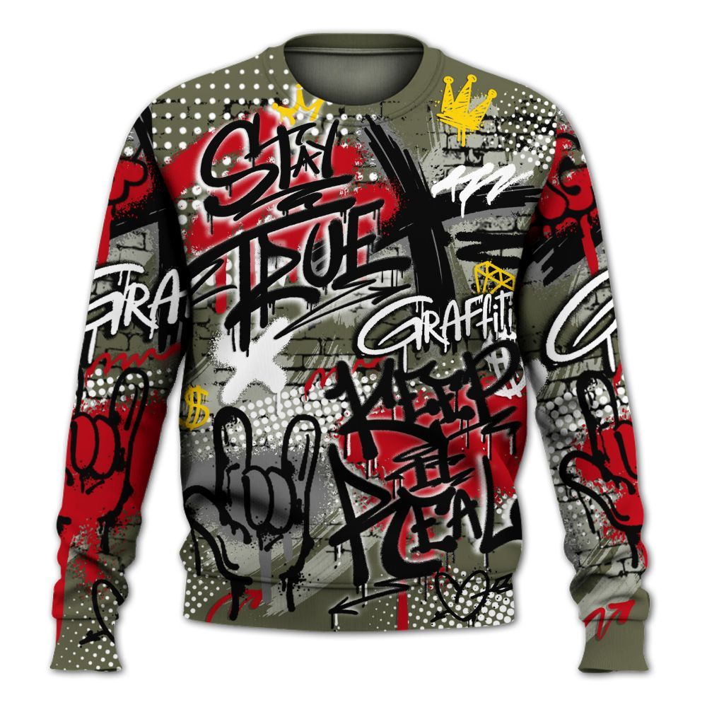 Sweatshirt To Match Low OG Medium Olive 1s - True It Real Graffiti Streetwear All Over Print