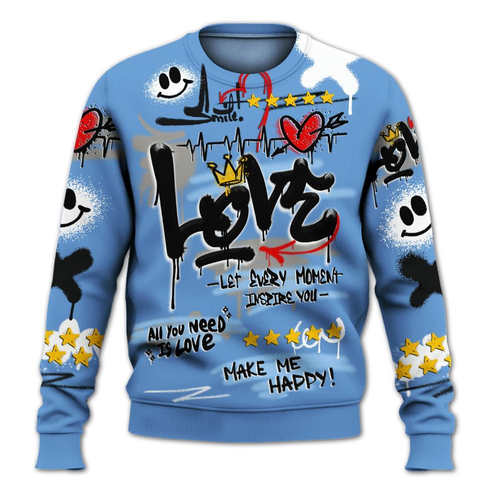 Sweatshirt To Match Black University Blue 5s - Happy Love Beats Graffiti Streetwear All Over Print