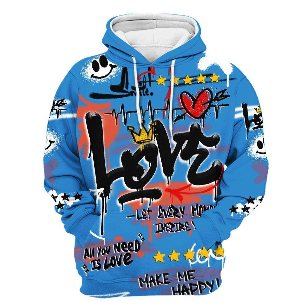Hoodie To Match Hi-Res Blue 700s - Happy Love Beats Graffiti Streetwear All Over Print