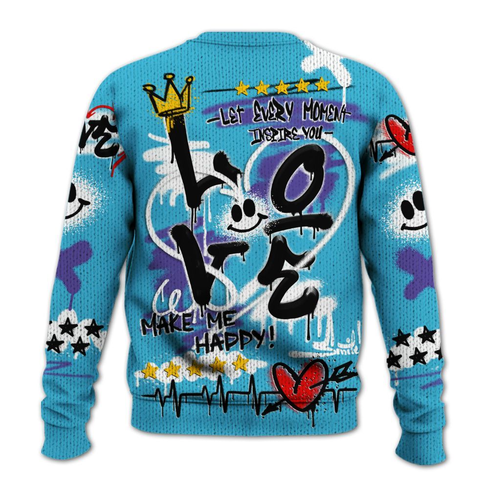Knitted Sweater To Match Retro Aqua 6s - Happy Love Beats Graffiti Streetwear