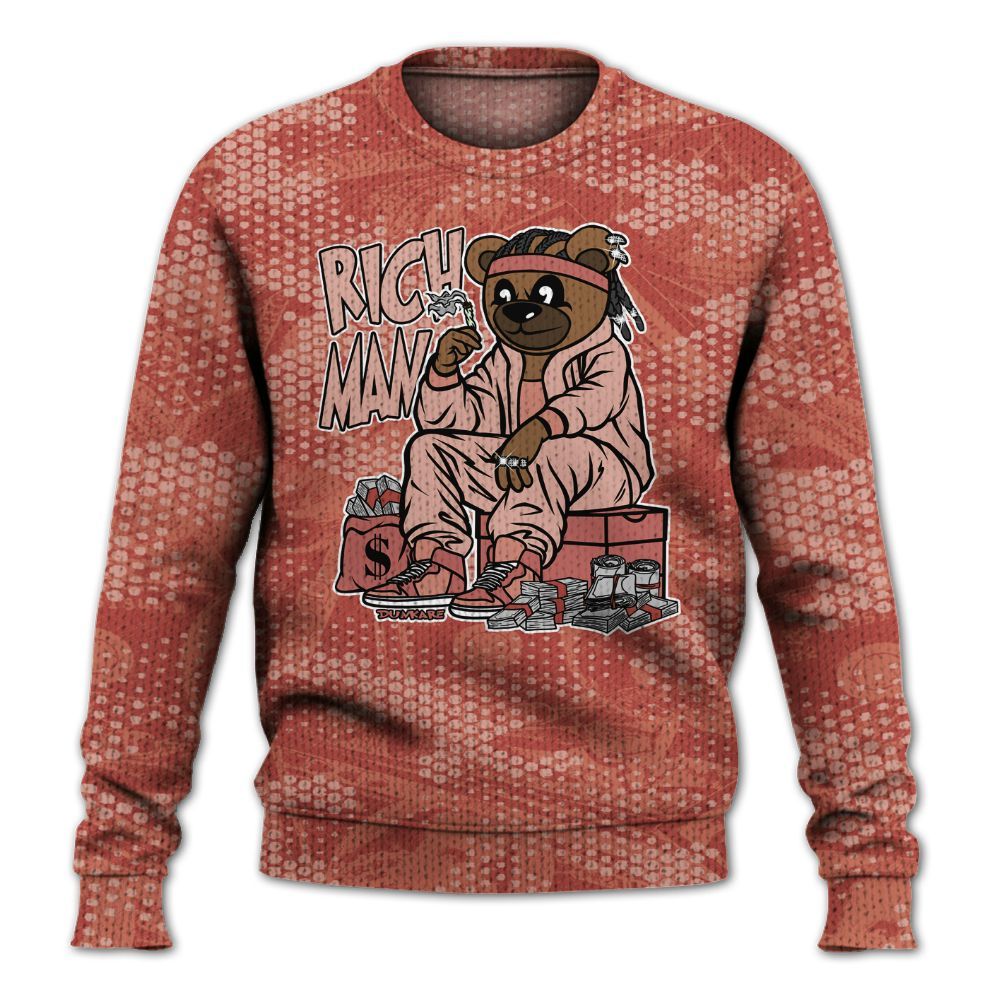 Knitted Sweater To Match Dune Red 13s - Rich Man Bear Banknotes Art