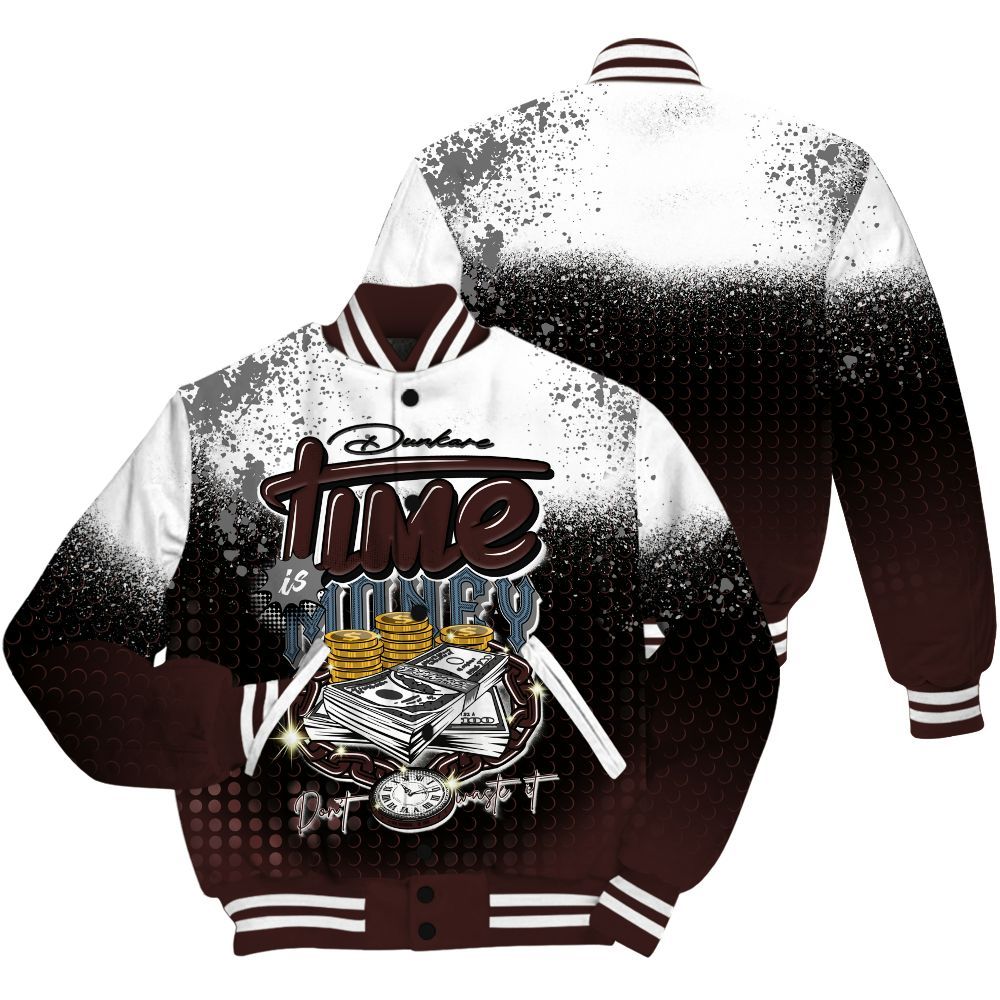 Varsity Jacket To Match Burgundy 5s Shirt, Halftone Time Is Money All Over Print
