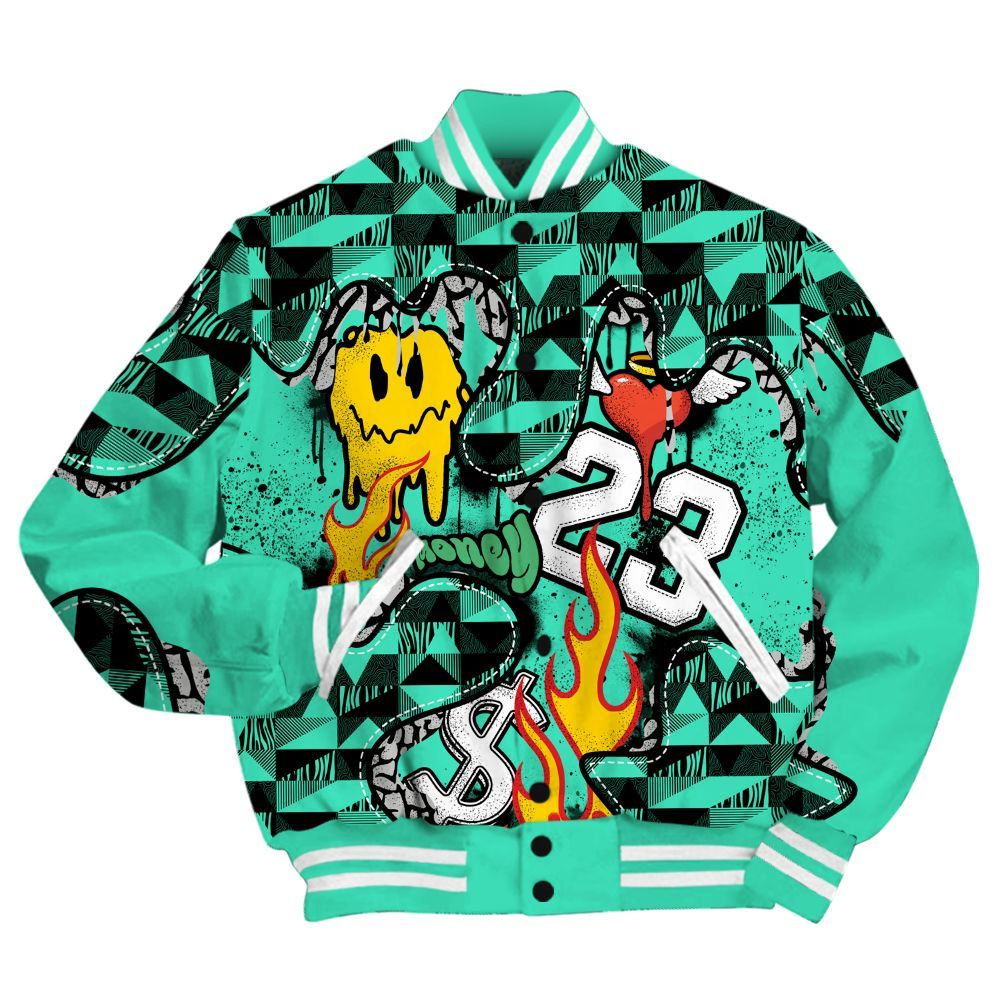 Varsity Jacket To Match Black Green Glow 3s - 23 Smile Burning Heart Green Glow 3s All Over Print