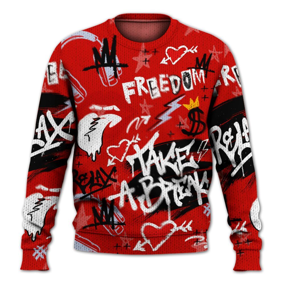 Knitted Sweater To Match Fire Red 6s - Take Break Freedom Graffiti Streetwear