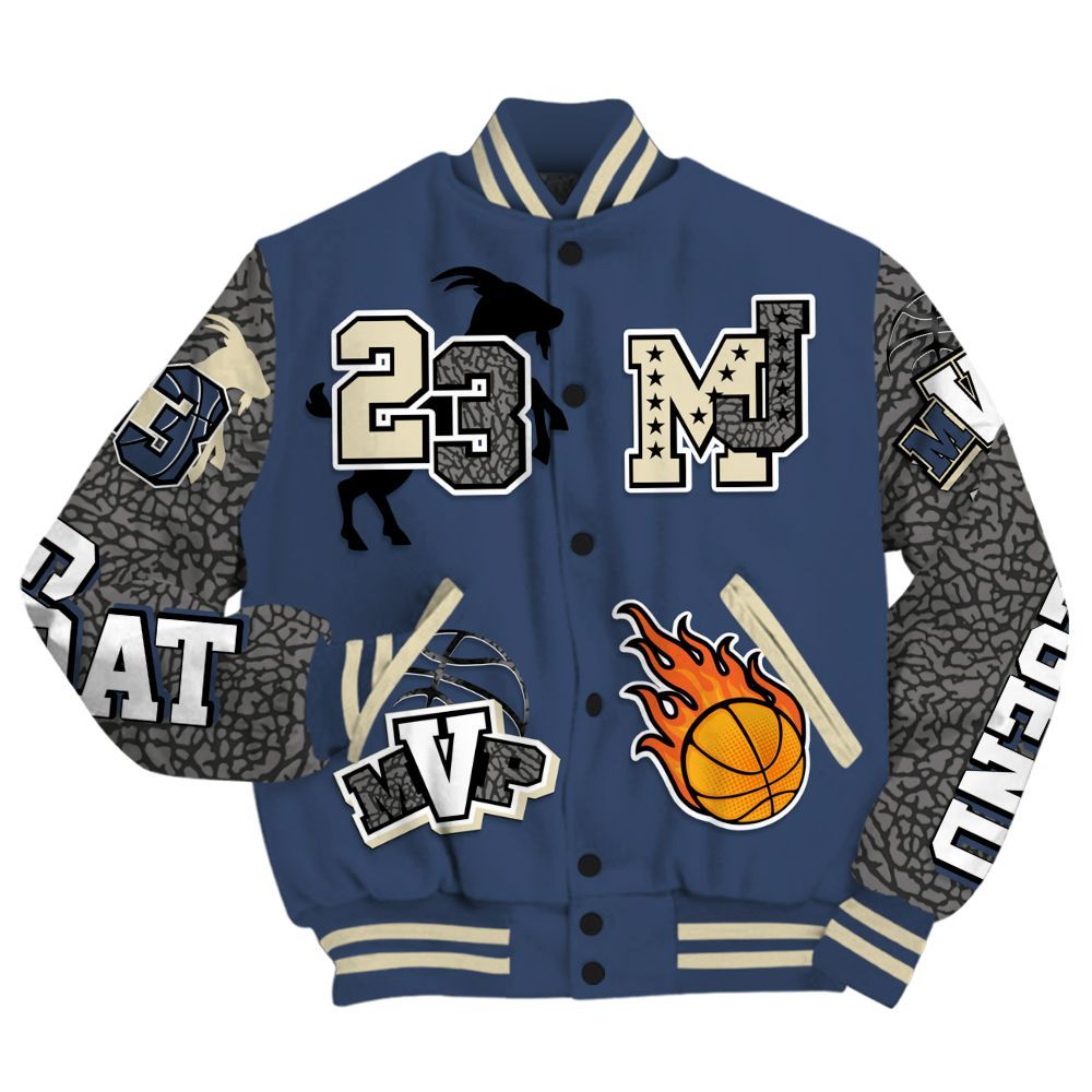 Varsity Jacket To Match Diffused Blue 3s Shirt, 23 Goat MVP Basketball All Over Print