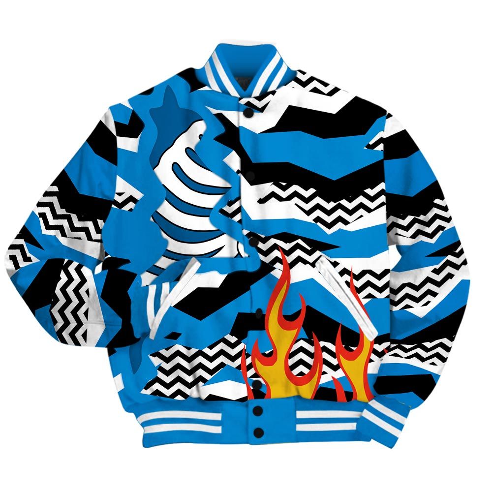 Varsity Jacket To Match Industrial Blue 4s - Retro Geometric Camouflage Flame Baseball Varsity Jacket Military Blue 4s Outfit