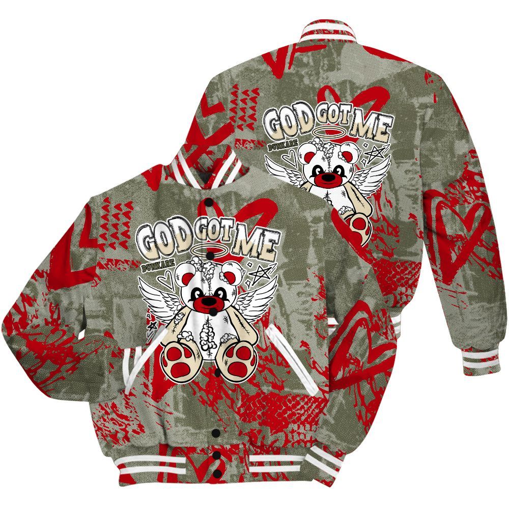 Varsity Jacket To Match Low OG Medium Olive 1s Shirt - Gods Guides Me Bear Heart Grunge All Over Print