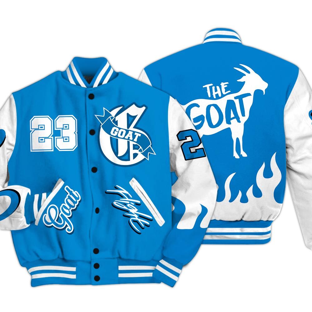 Varsity Jacket To Match Industrial Blue 4s - The G.O.A.T Flight Streetwear Baseball Varsity Jacket Military Blue 4s Unisex Outfit