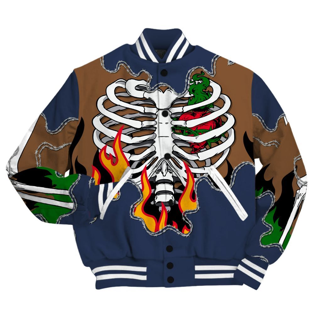Varsity Jacket To Match Midnight Navy 13s Shirt, Skeleton Heart On Fire All Over Print