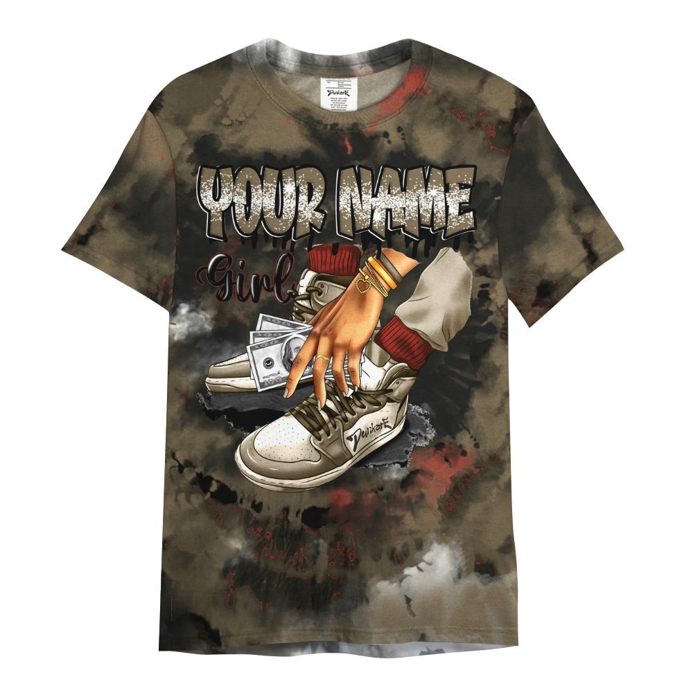 Shirt To Match Olive 9s Varsity Jacket, Custom Name SNEAKER Girl Money Drip Tie Dye All Over Print