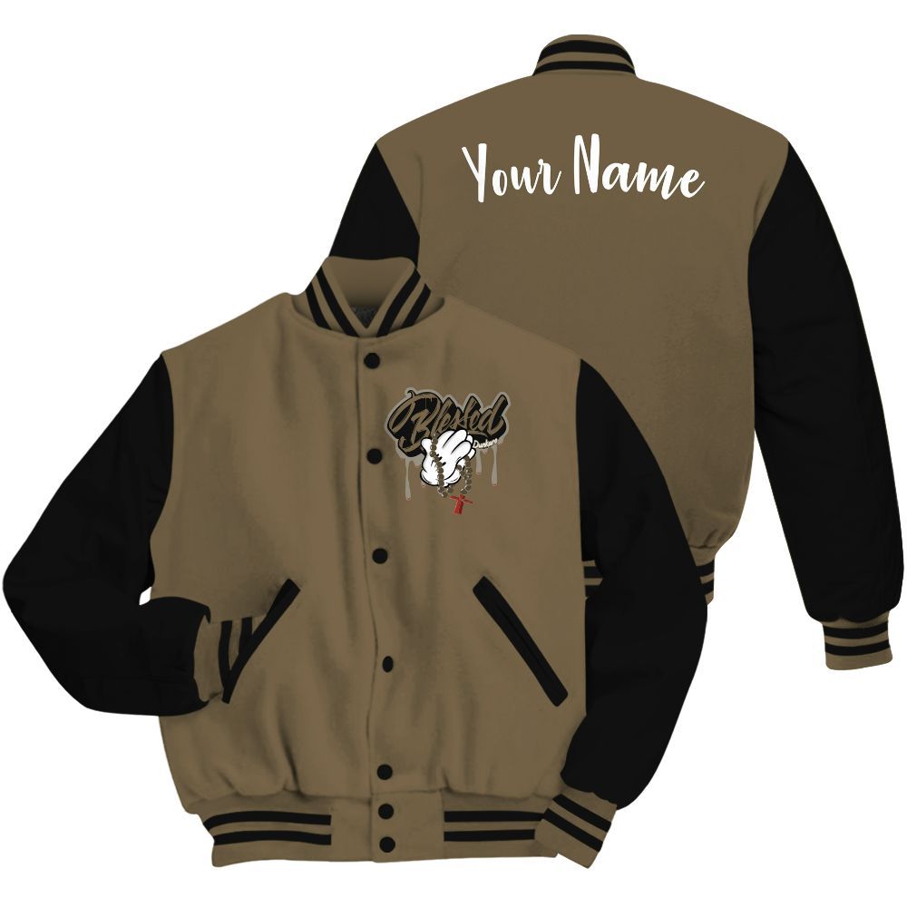 Varsity Jacket To Match Olive 9s - Custom Name God Blessed Drip All Over Print