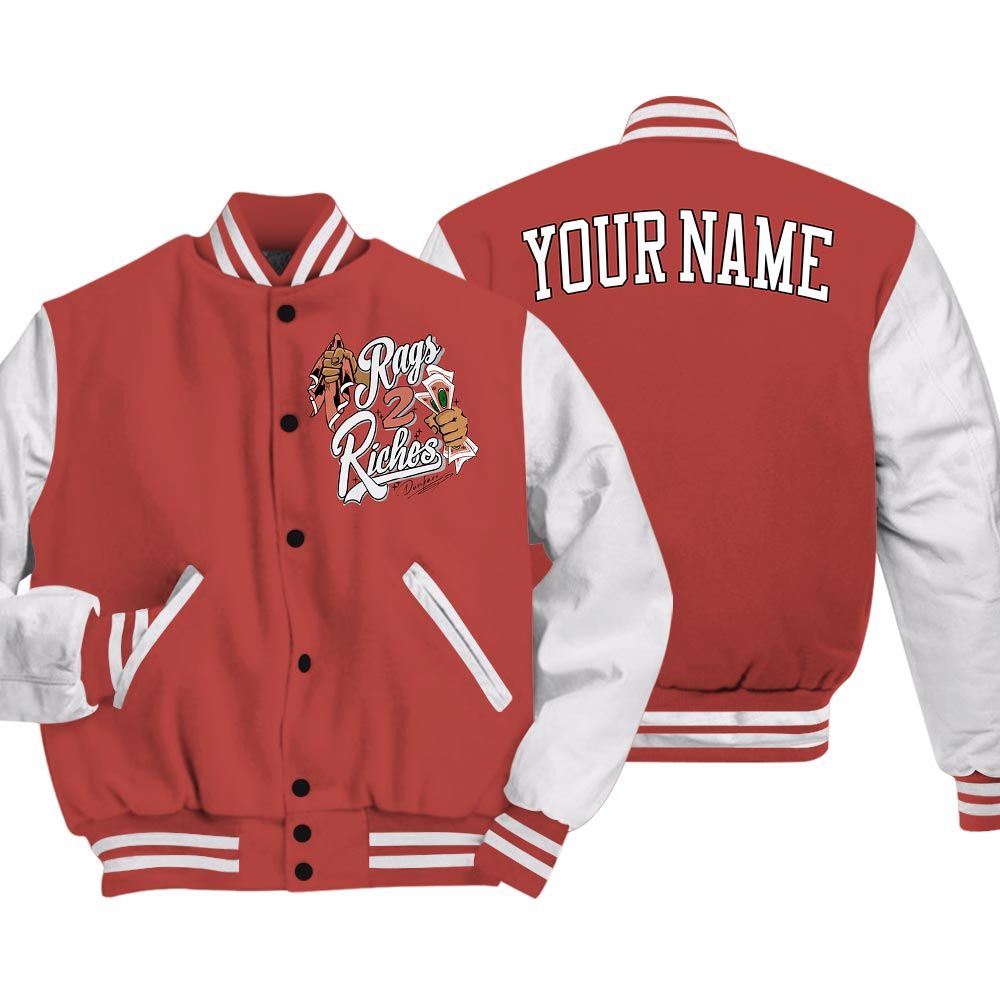 Varsity Jacket To Match Varsity Streetwear Custom Name Rag 2 Riches, Dune Red 13s T-Shirt, Sneaker Dune Red 13s Baseball Varsity Jacket 1604 NCT