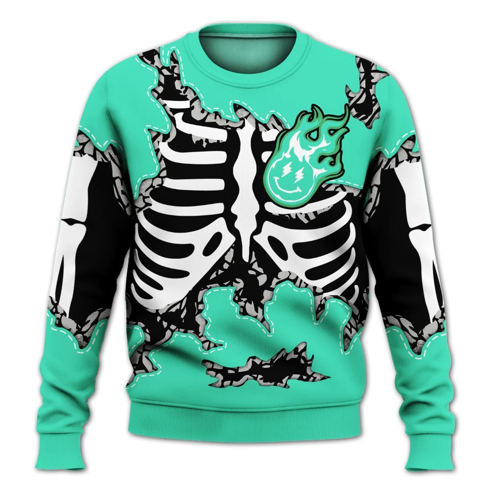 Sweatshirt To Match Black Green Glow 3s - Skeleton Smiley Face Green Glow 3s All Over Print