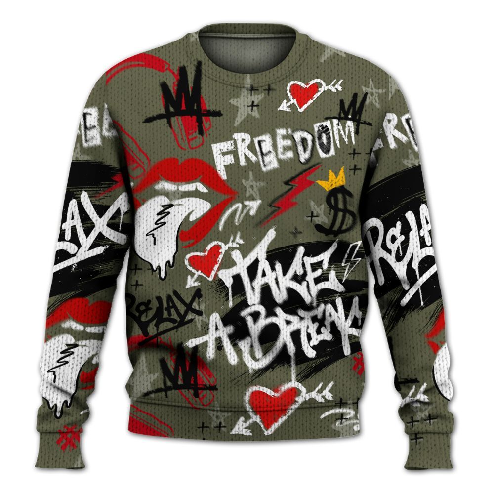 Knitted Sweater To Match Low OG Medium Olive 1s - Take Break Freedom Graffiti Streetwear