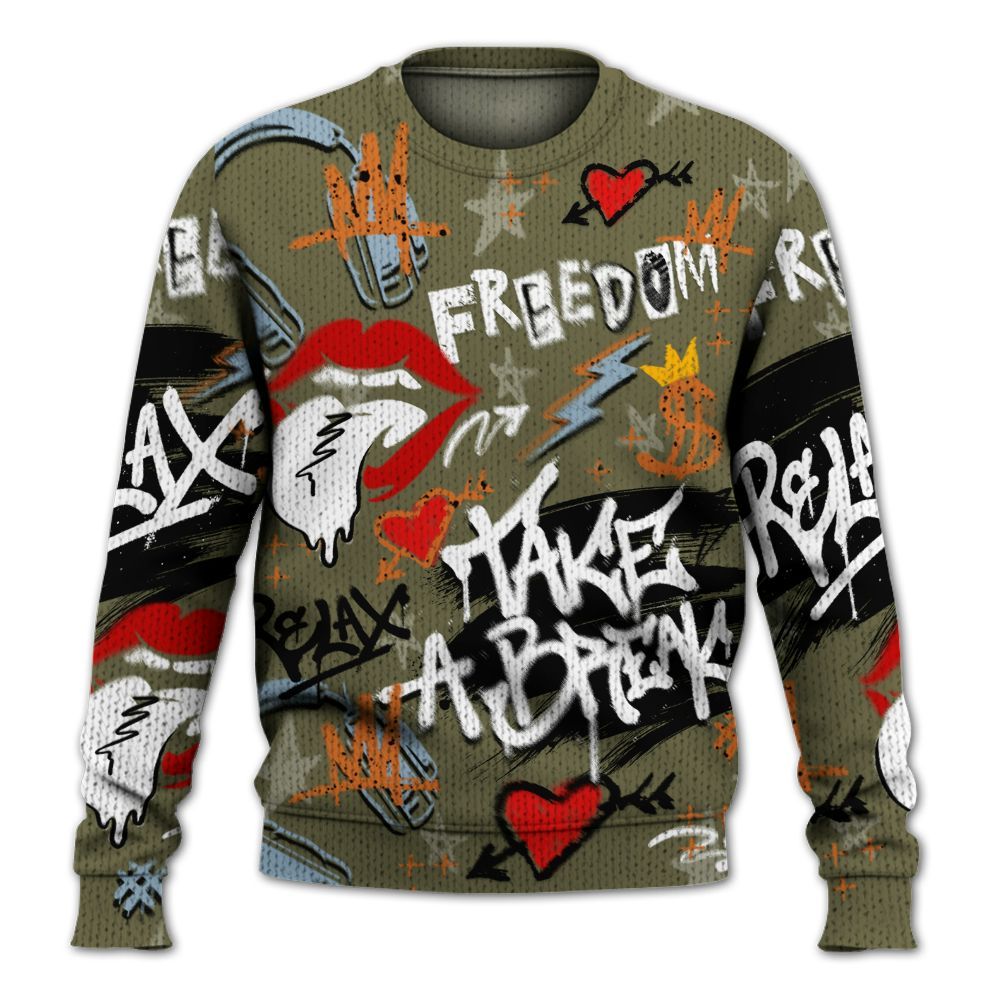 Knitted Sweater To Match Olive 5s - Take Break Freedom Graffiti Streetwear