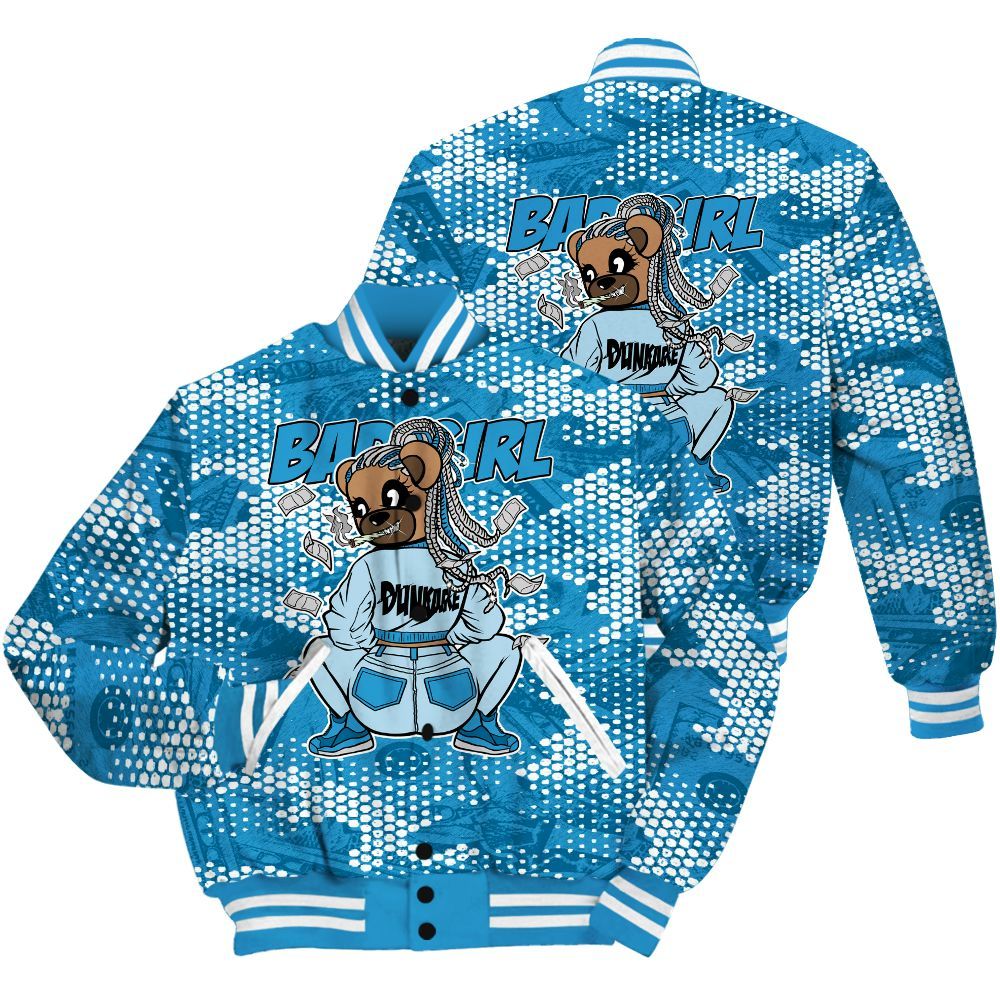 Varsity Jacket To Match Powder Blue 9s Shirt - Rebellious Girl Bear Banknotes Art All Over Print