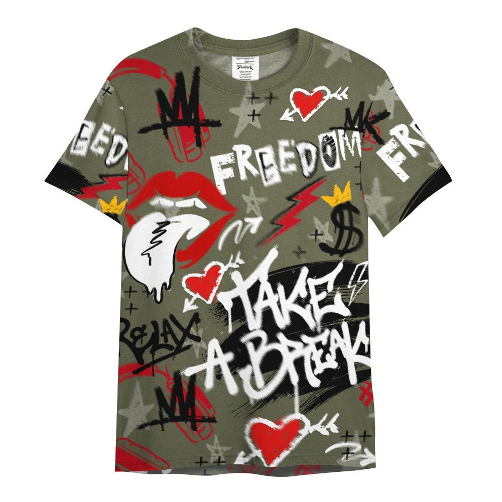 Shirt To Match Low OG Medium Olive 1s - Take Break Freedom Graffiti Streetwear All Over Print
