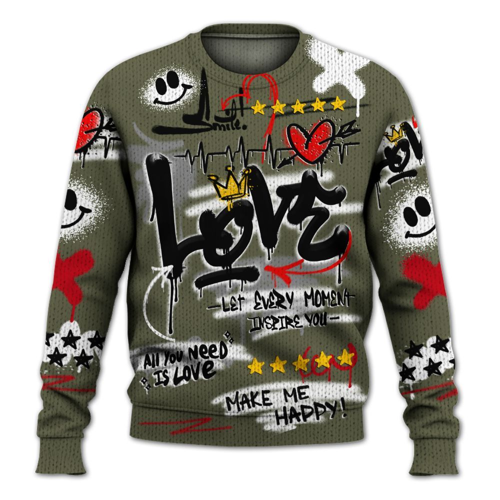 Knitted Sweater To Match Low OG Medium Olive 1s - Happy Love Beats Graffiti Streetwear