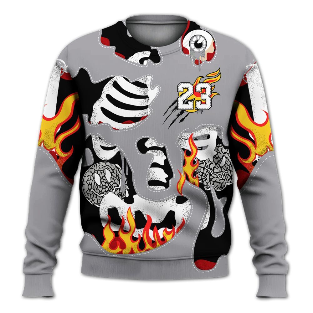 Sweatshirt To Match Cement Grey 3s - Skeleton Smile Flame Drip All Over Print