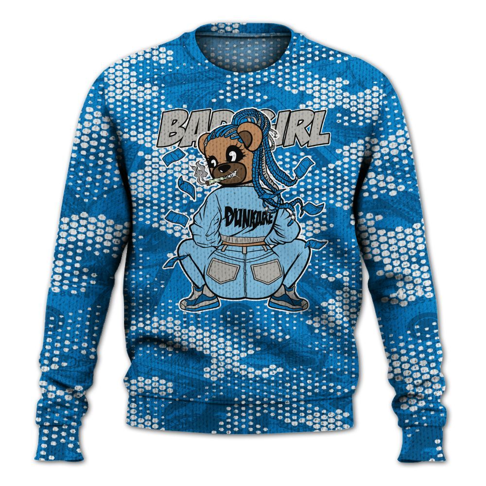 Knitted Sweater To Match Industrial Blue 4s - Rebellious Girl Bear Banknotes Art