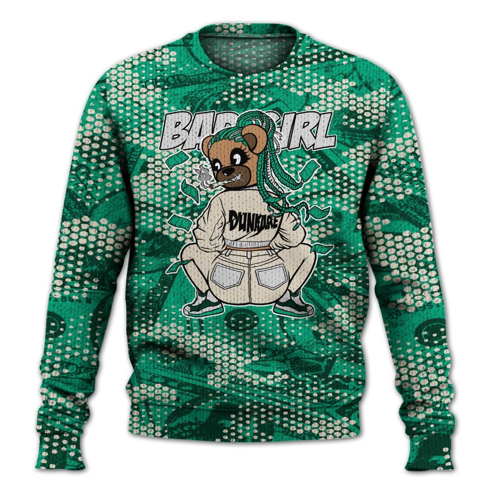 Knitted Sweater To Match Oxidized Green 4s - Rebellious Girl Bear Banknotes Art