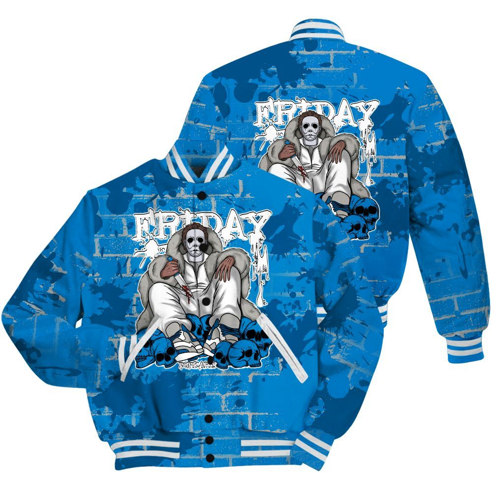 Varsity Jacket To Match Military Blue 4s Shirt - Friday Brick All Over Print