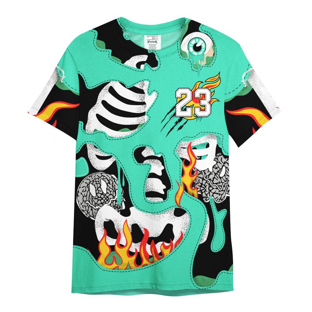 Shirt To Match Black Green Glow 3s - Skeleton Smile Flame Drip Green Glow 3s All Over Print