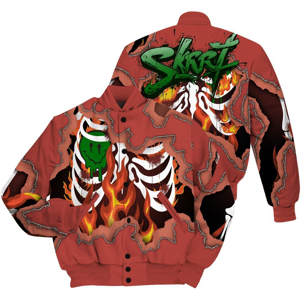 Varsity Jacket To Match Dune Red 13s Shirt, Skeleton On Fire Skrrt All Over Print