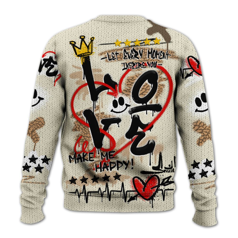 Knitted Sweater To Match Orewood Brown 3s - Happy Love Beats Graffiti Streetwear