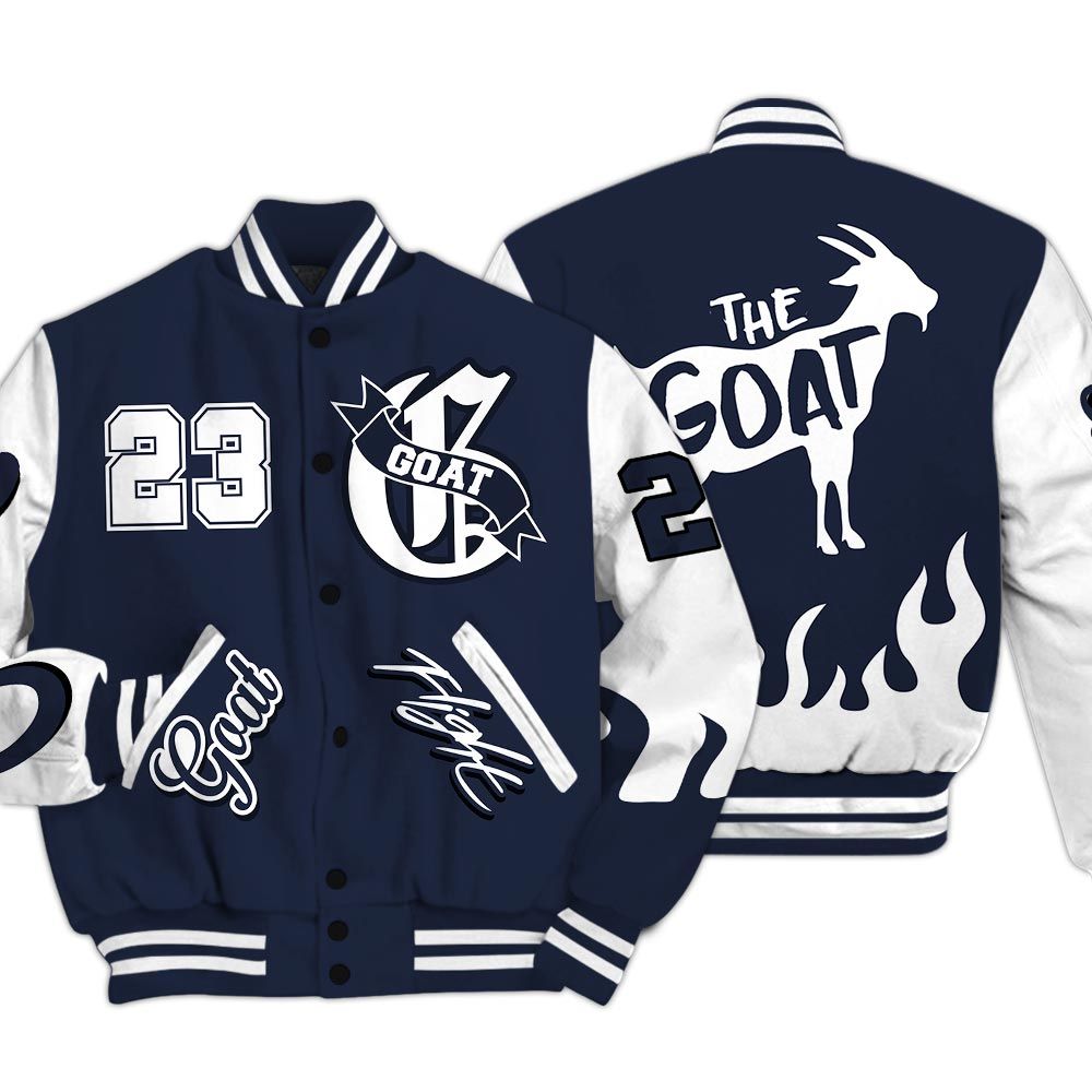 Varsity Jacket To Match Midnight Navy 13s - The G.O.A.T Flight Streetwear Baseball Varsity Jacket Unisex Outfit
